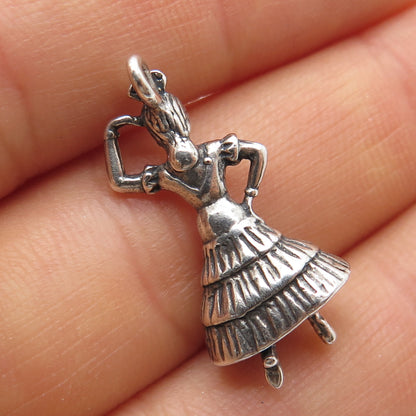 925 Sterling Silver Vintage Flamenco Dancer Oxidized 3D Charm Pendant