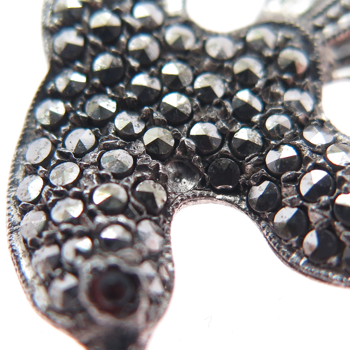 925 Sterling Silver Antique Marcasite & Garnet Holy Spirit Pin (missing 1 stone)