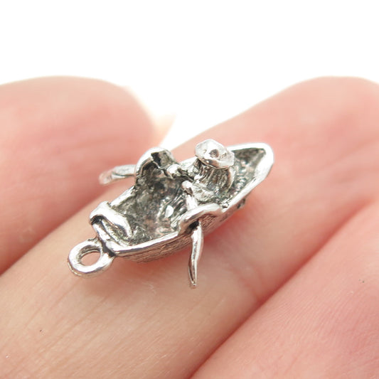 925 Sterling Silver Vintage Fisher on Boat 3D Charm Pendant