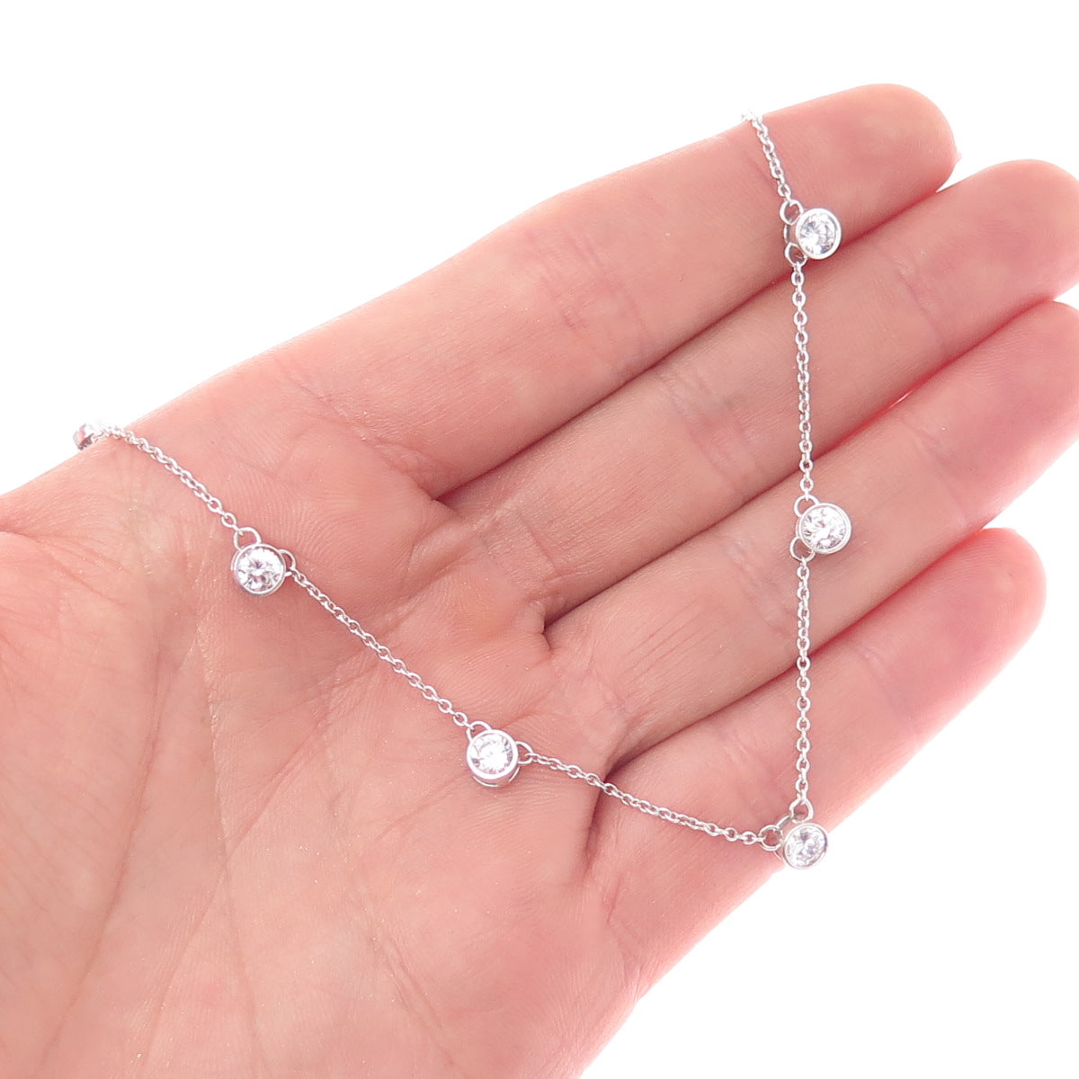 925 Sterling Silver Round-Cut C Z Station Cable Chain Necklace 16"