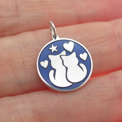 925 Sterling Silver Purple Enamel Cat Couple Heart Minimalist Charm Pendant