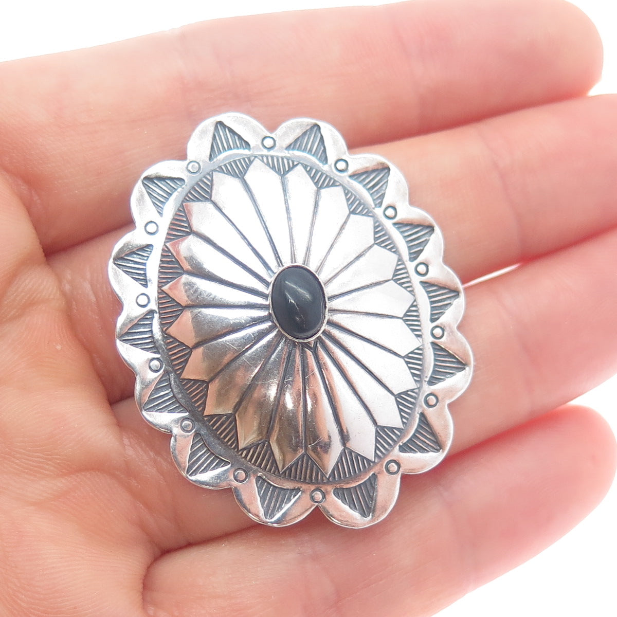 Old Pawn Sterling Silver Vintage Southwestern Black Onyx Concho Tribal Pendant