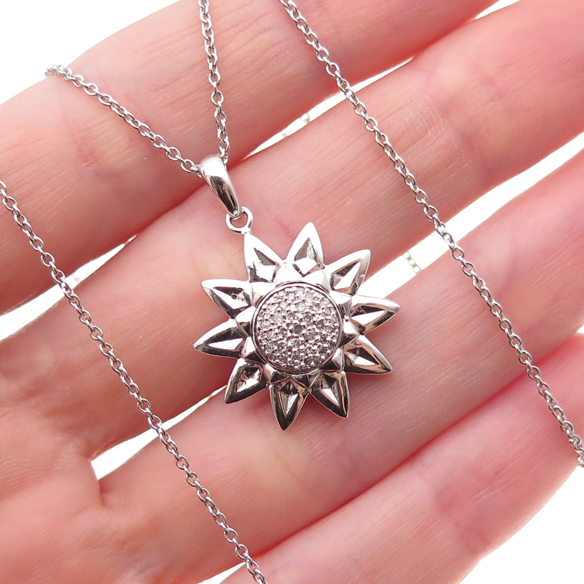 925 Sterling Silver Mexico Real Diamond Sun Cable Chain Necklace 18"