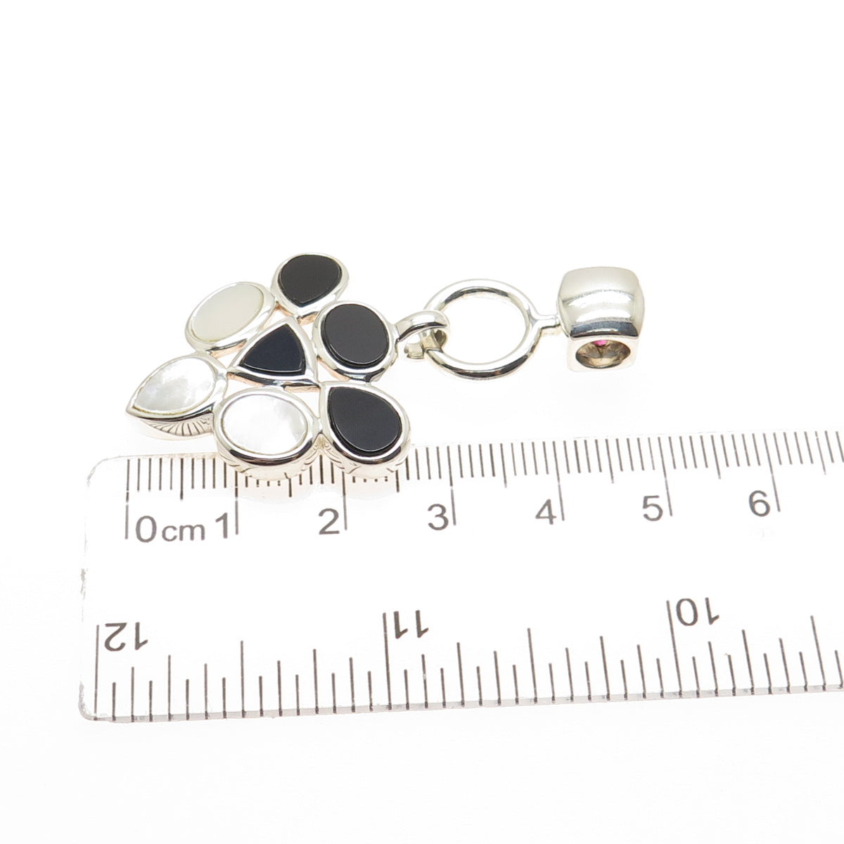 ELLE 925 Sterling Silver Vintage Real Ruby Black Onyx & MOP Slide Charm Pendant