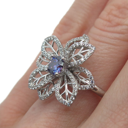 YSDD & CO. 925 Sterling Silver Peacock & White Moissanite Flower Ring Size 8.25