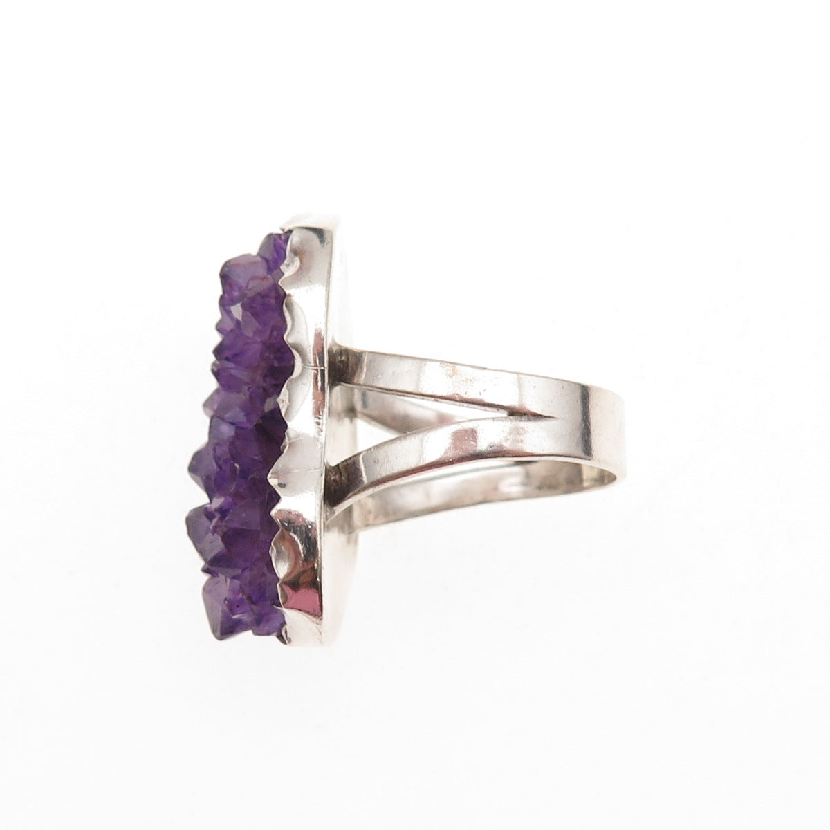 925 Sterling Silver Vintage Real Amethyst Modernist Oxidized Ring Size 8.5