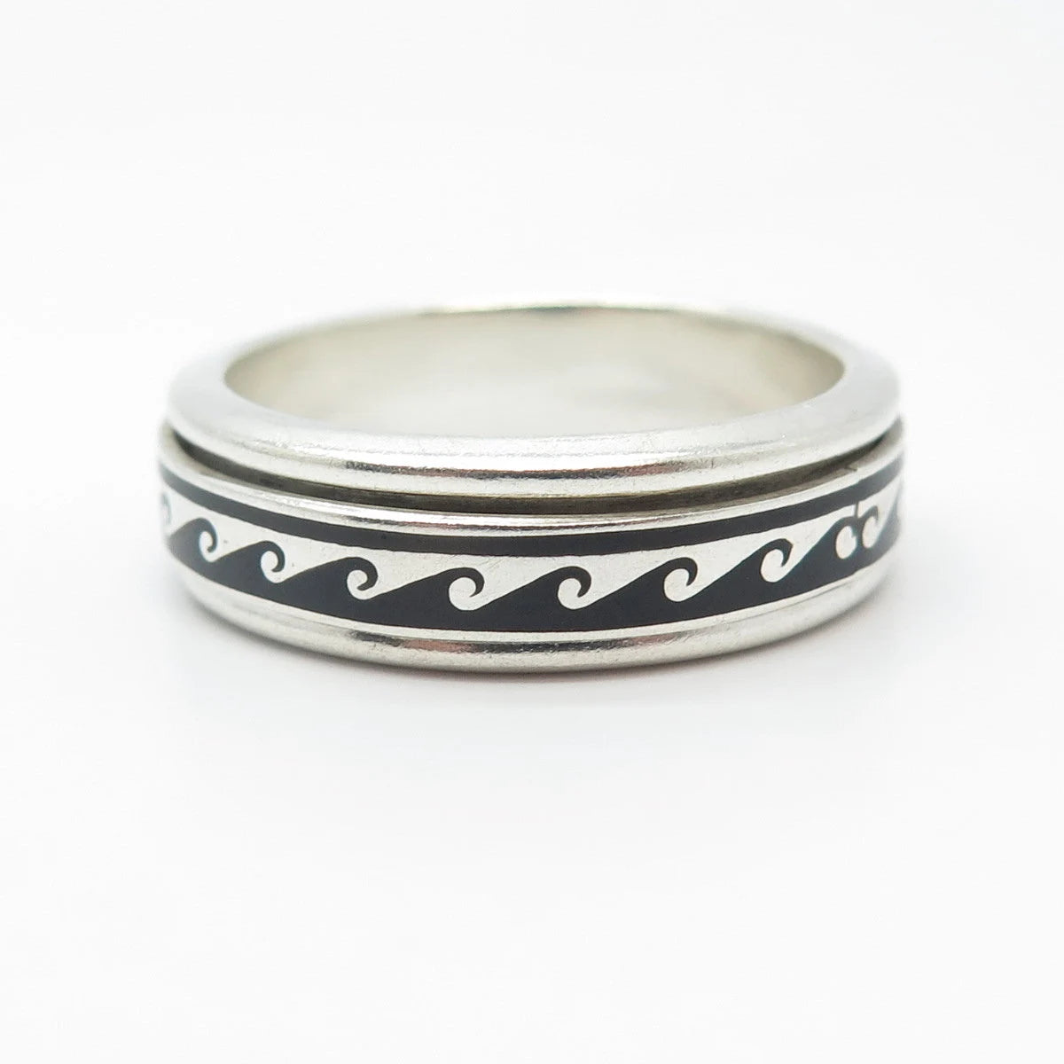 925 Sterling Silver Vintage Mexico Enamel Water Pattern Band Ring Size 13.25