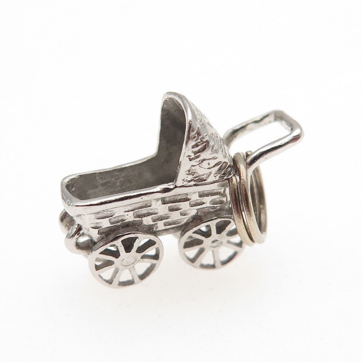 925 Sterling Silver Vintage Baby Stroller Oxidized 3D Mini Charm Pendant