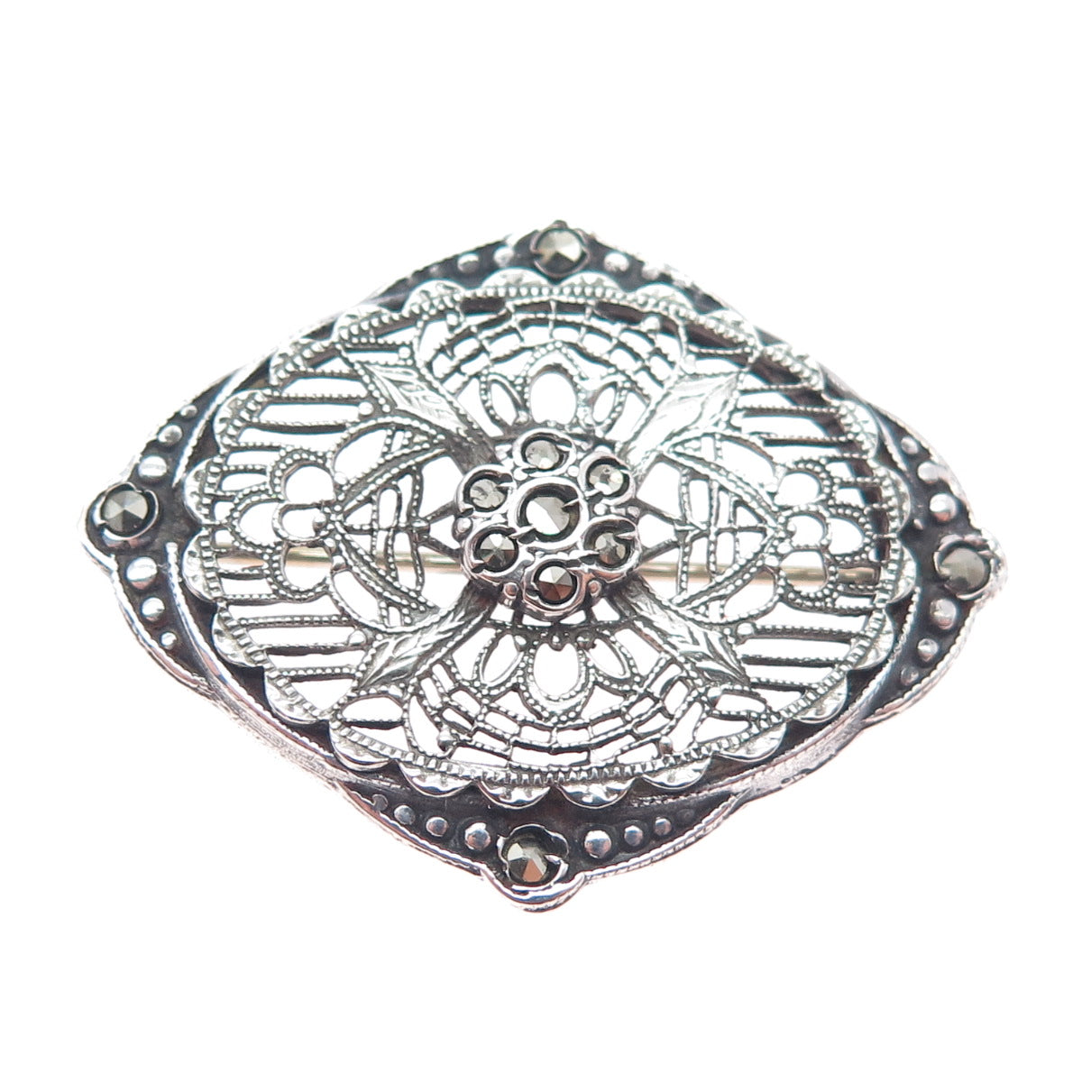 925 Sterling Silver Antique Art Deco Real Marcasite Filigree Oxidized Pin Brooch