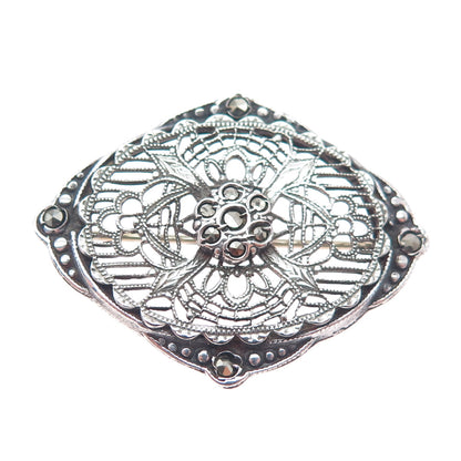 925 Sterling Silver Antique Art Deco Real Marcasite Filigree Oxidized Pin Brooch