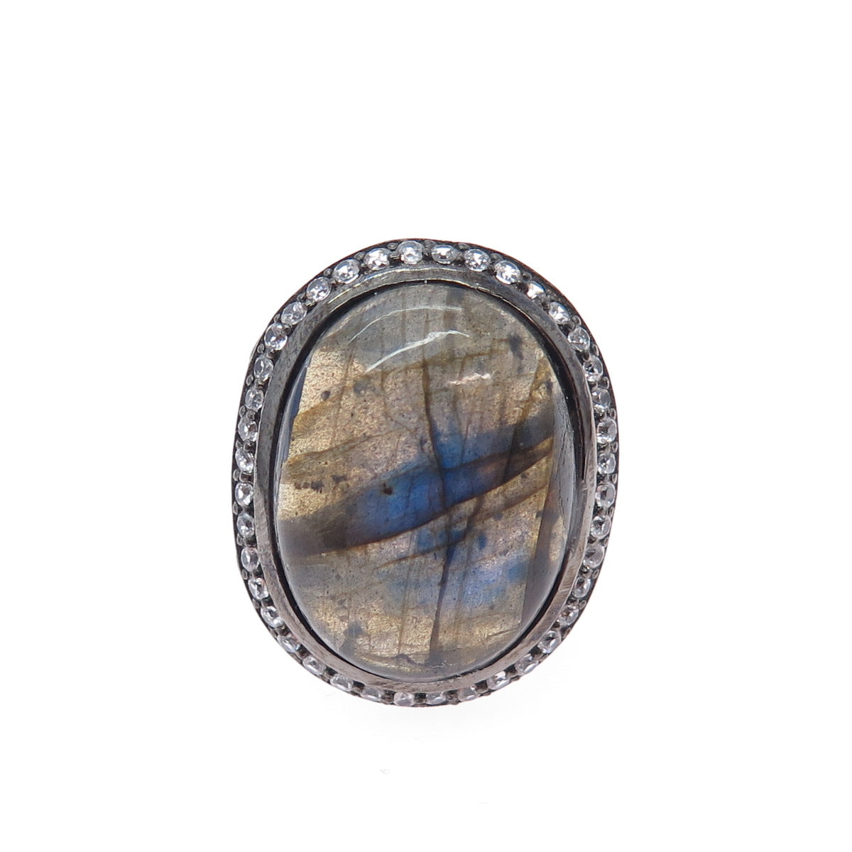 925 Sterling Silver Black Rhodium Real Labradorite & C Z Ring Size 6.25