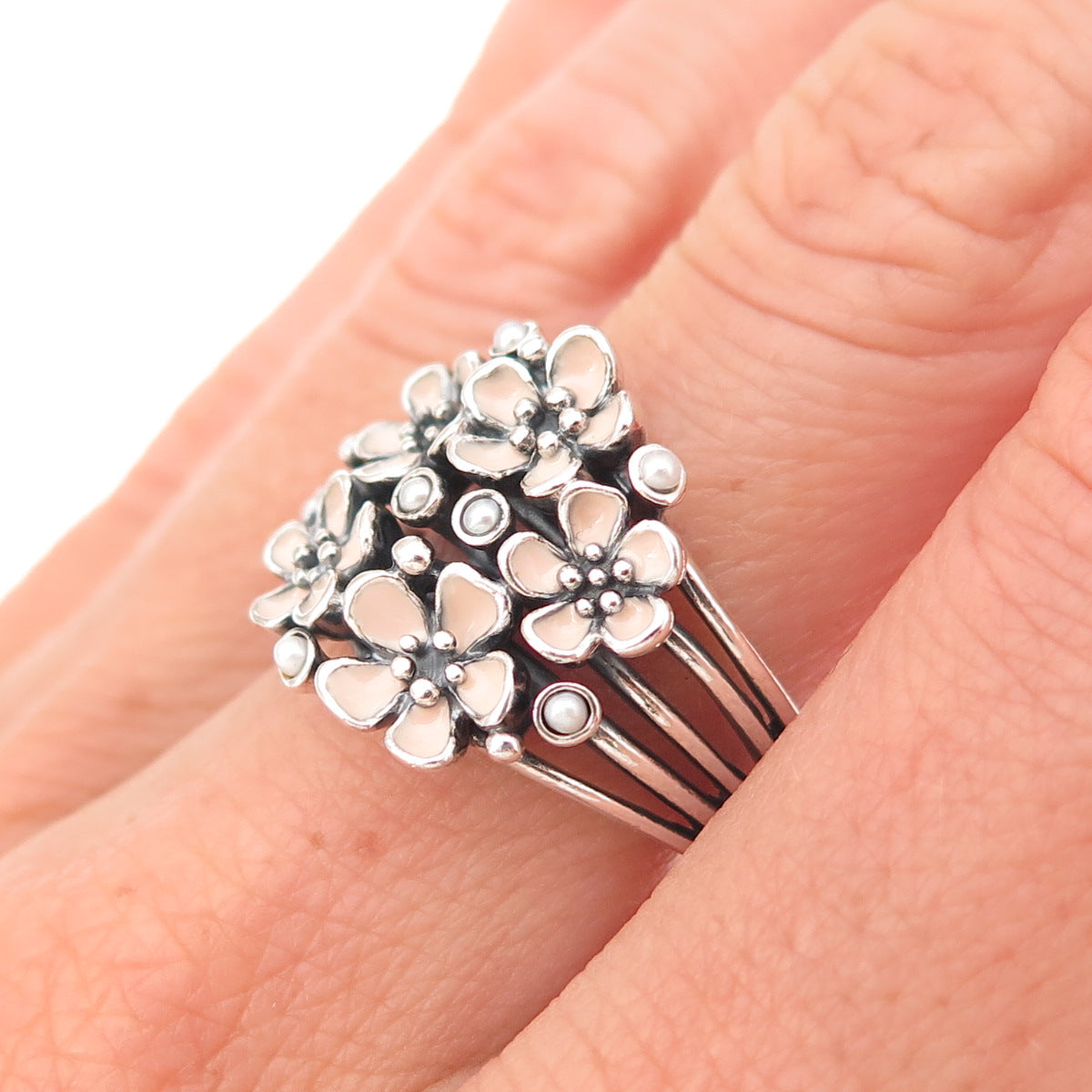 Pandora 925 Sterling Silver Enamel & C Z Darling Daisy Bouquet Ring Size 7