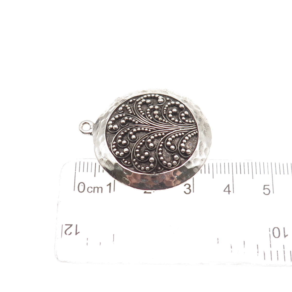 925 Sterling Silver Vintage Granulated Scroll Hammered Oxidized Charm Pendant