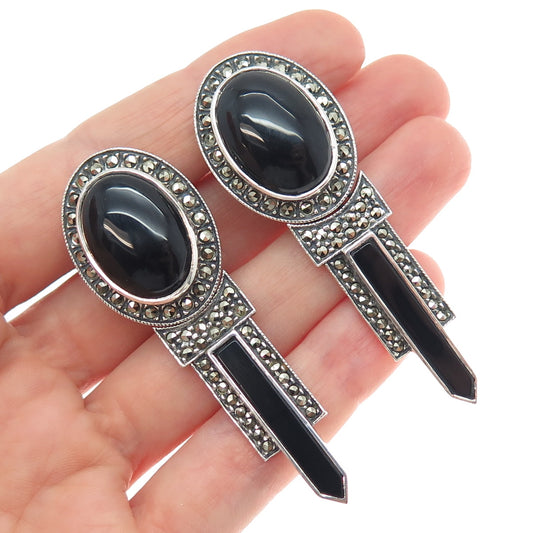 JUDITH JACK 925 Sterling Vintage Real Black Onyx & Marcasite Omega Back Earrings