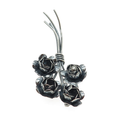 CORO 925 Sterling Silver Antique Art Deco Rose Flower Oxidized Pin Brooch