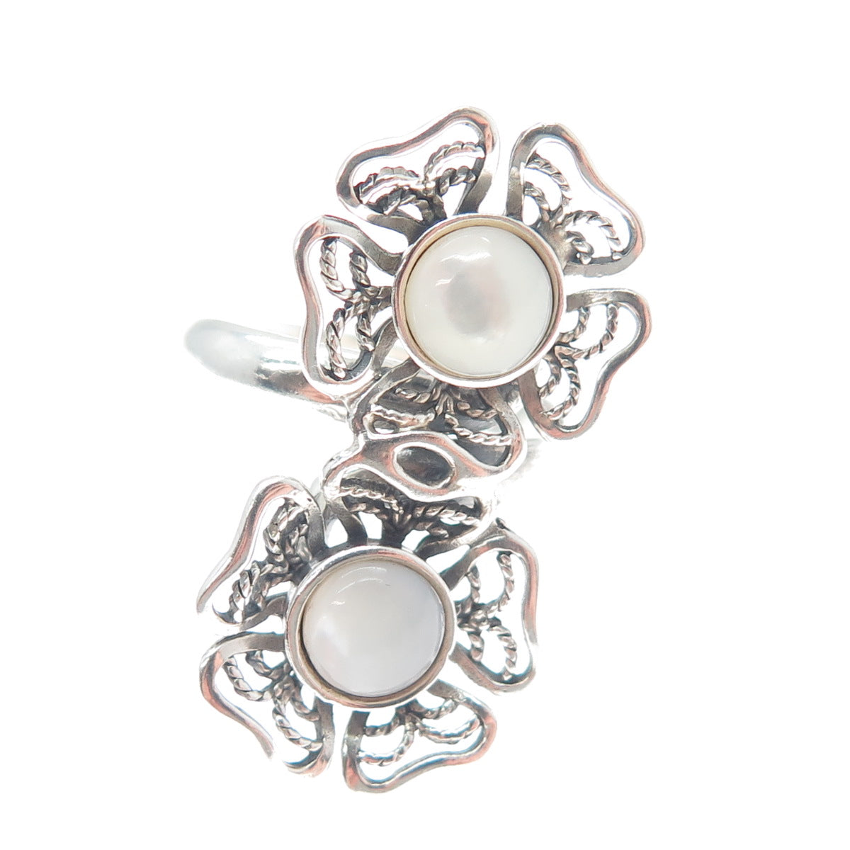 RIDER 950 Silver Vintage Real Mother-of-Pearl Flower Filigree Ring Size 8