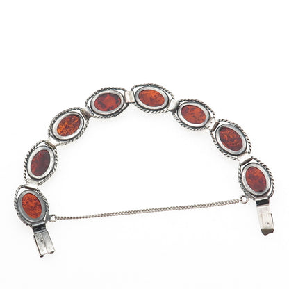 925 Sterling Silver Vintage Real Cabochon Amber Oxidized Bracelet 6.75"