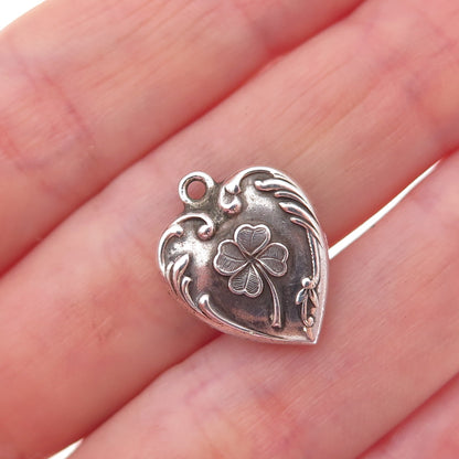 925 Sterling Silver Antique Art Deco Clover Heart Chatelaine Charm Pendant