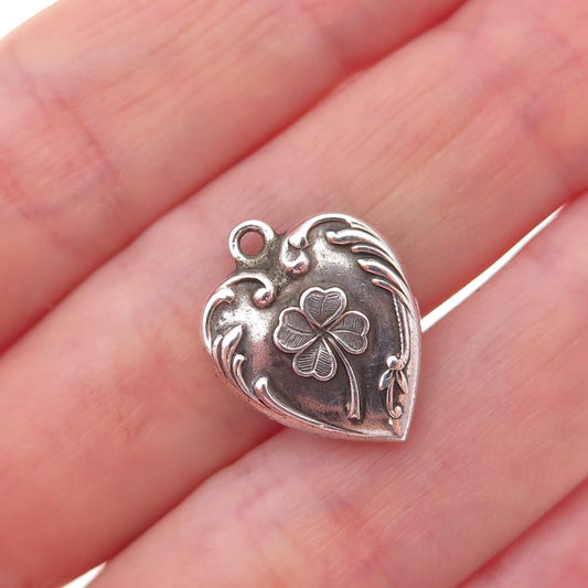 925 Sterling Silver Antique Art Deco Clover Heart Chatelaine Charm Pendant