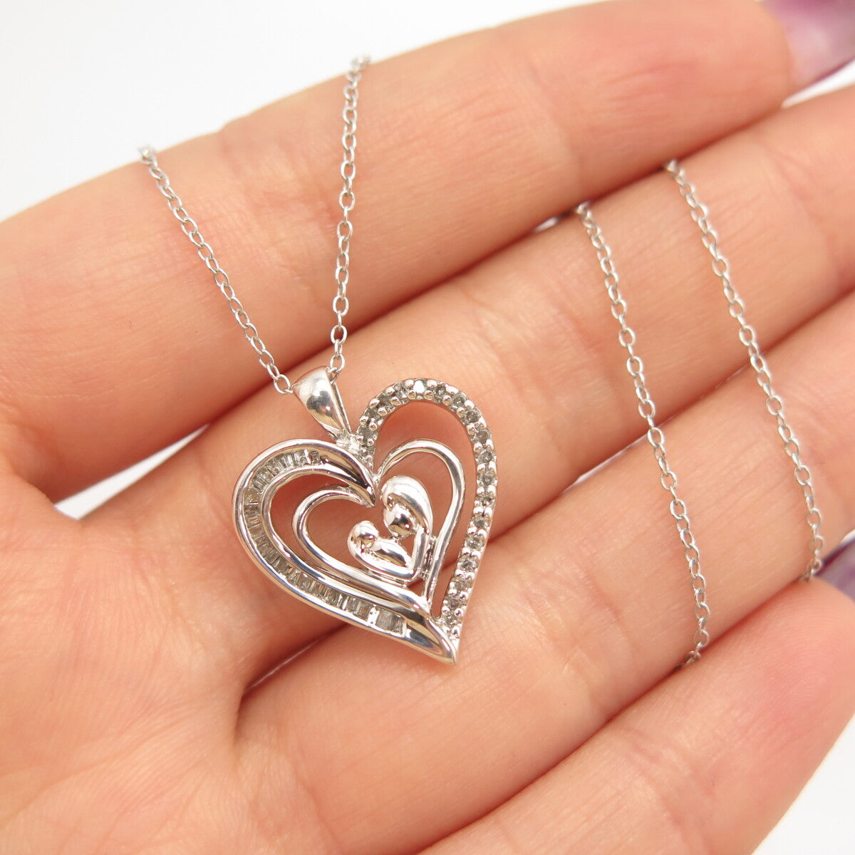 925 Sterling Silver SUN Real Diamond Mother Child Heart Rolo Chain Necklace 16"