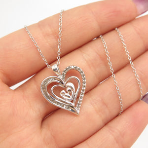 925 Sterling Silver SUN Real Diamond Mother Child Heart Rolo Chain Necklace 16"