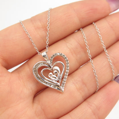 925 Sterling Silver SUN Real Diamond Mother Child Heart Rolo Chain Necklace 16"
