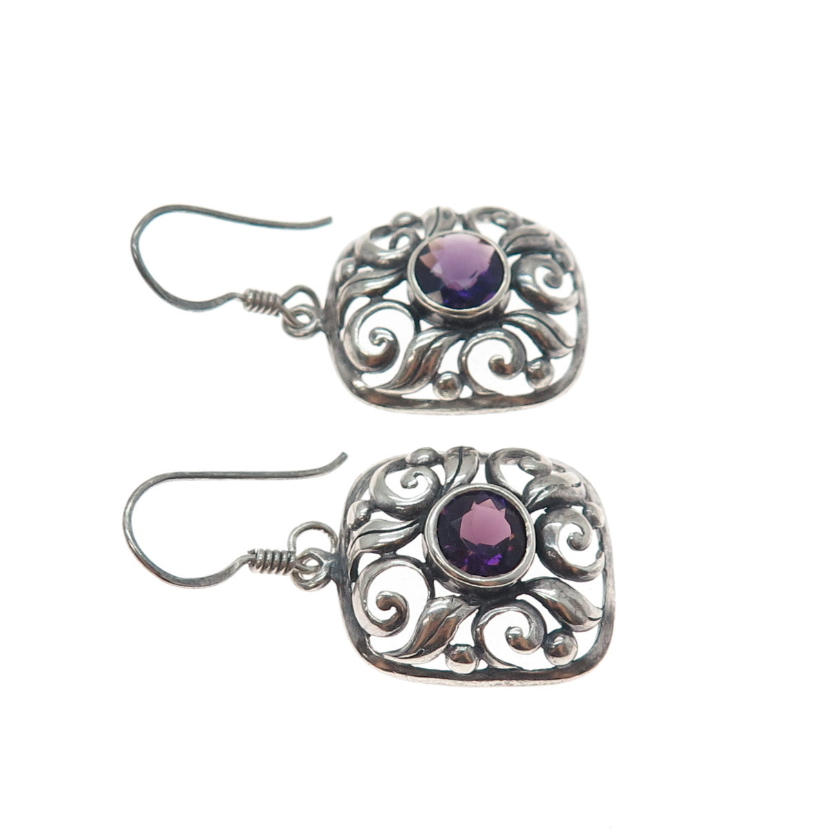 925 Sterling Silver Vintage Real Amethyst Floral Oxidized Dangle Earrings