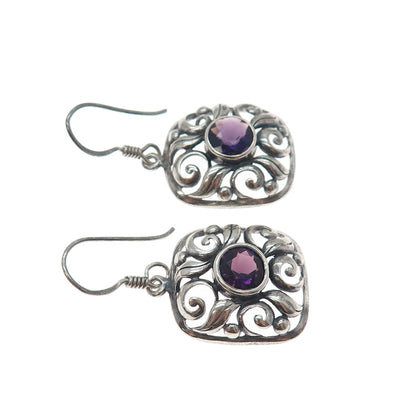925 Sterling Silver Vintage Real Amethyst Floral Oxidized Dangle Earrings