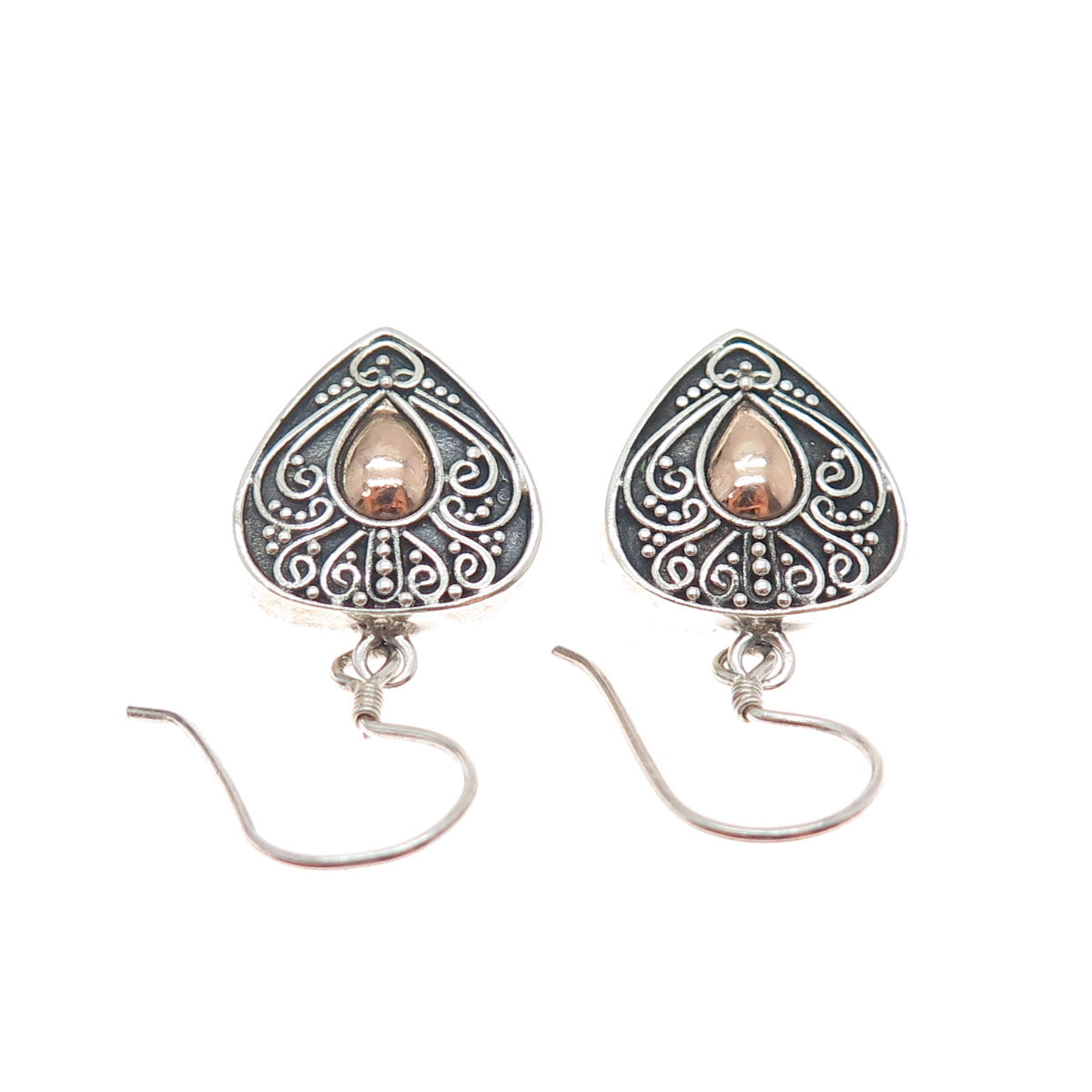 925 Sterling Silver 2-Tone Vintage Granulated Heart Oxidized Dangle Earrings