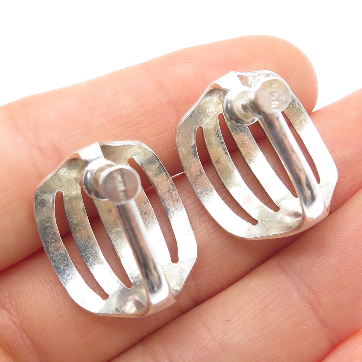 925 Sterling Silver Vintage Modernist Ribbed Screw Back Earrings