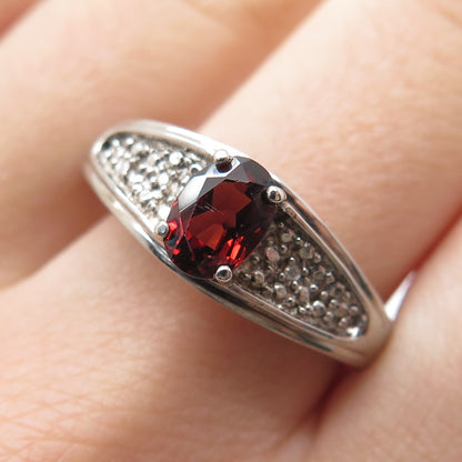 925 Sterling Silver Real Diamond Accent & Red Garnet Ring Size 10