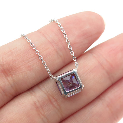 925 Sterling Silver Real Asscher-Cut Amethyst Cable Chain Necklace 17-19"