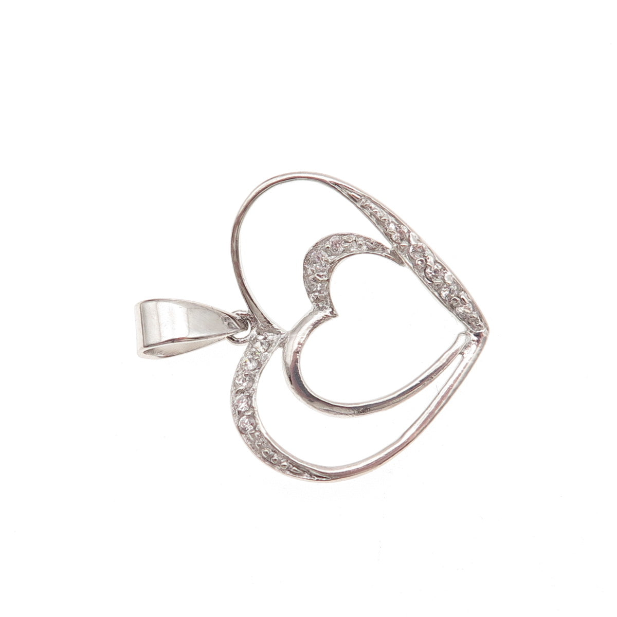 925 Sterling Silver Round-Cut C Z Double Heart Mini Charm Pendant