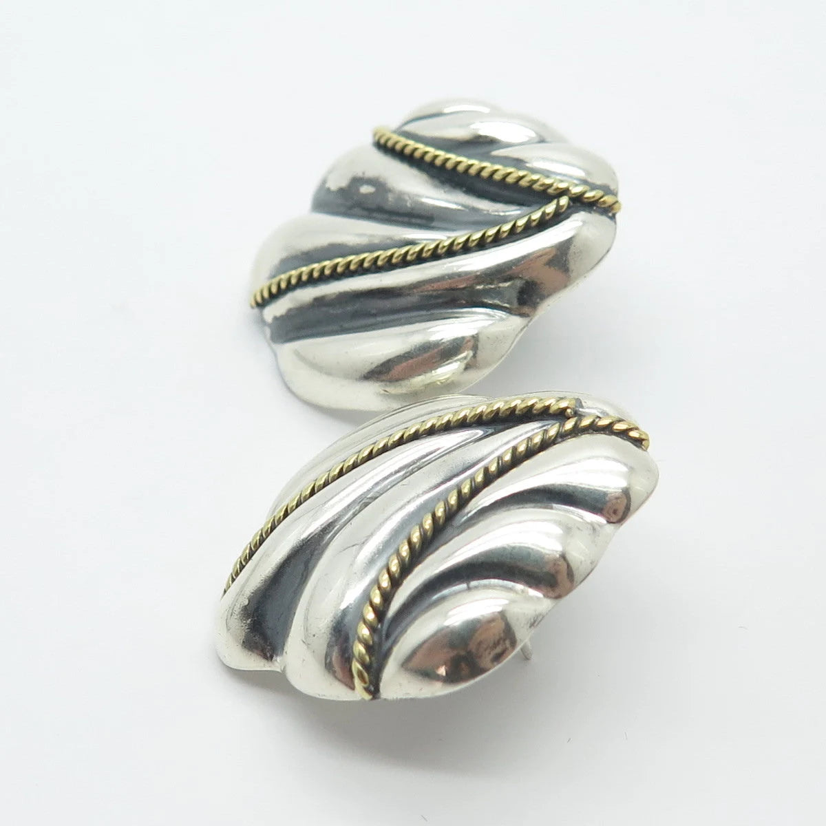 925 Sterling Silver 2-Tone Vintage Mexico Laton Ribbed Earrings