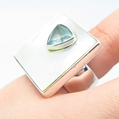 925 Sterling Silver Vintage Real Mother-of-Pearl & Aquamarine Gem Ring Size 5.5