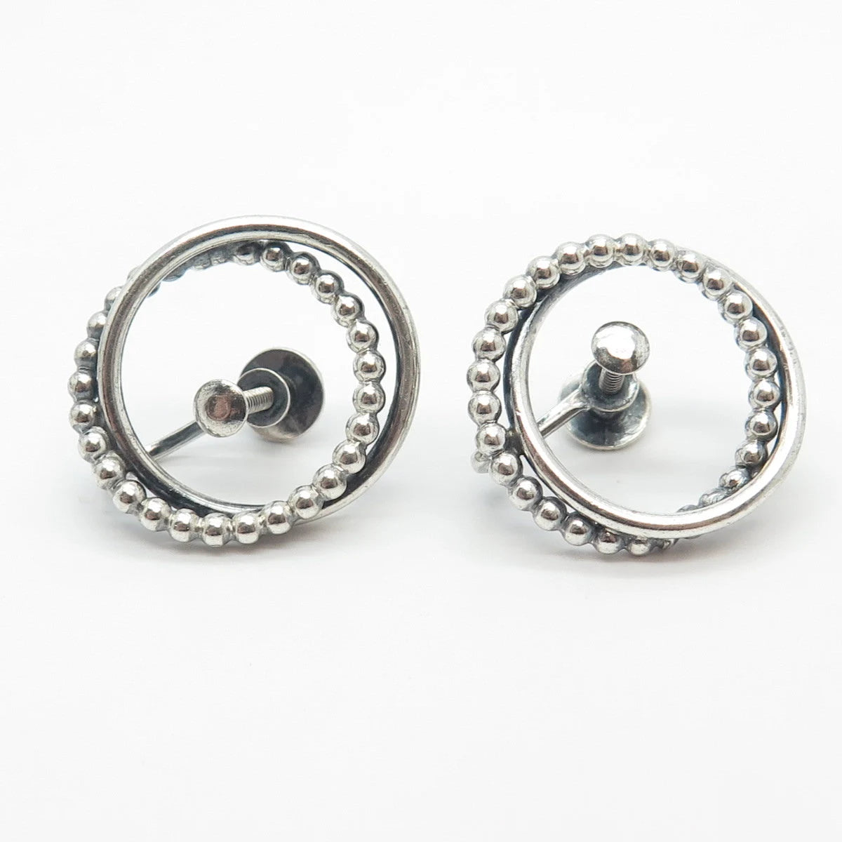 925 Sterling Silver Vintage Jewelart Beaded Double Circle Screw Back Earrings