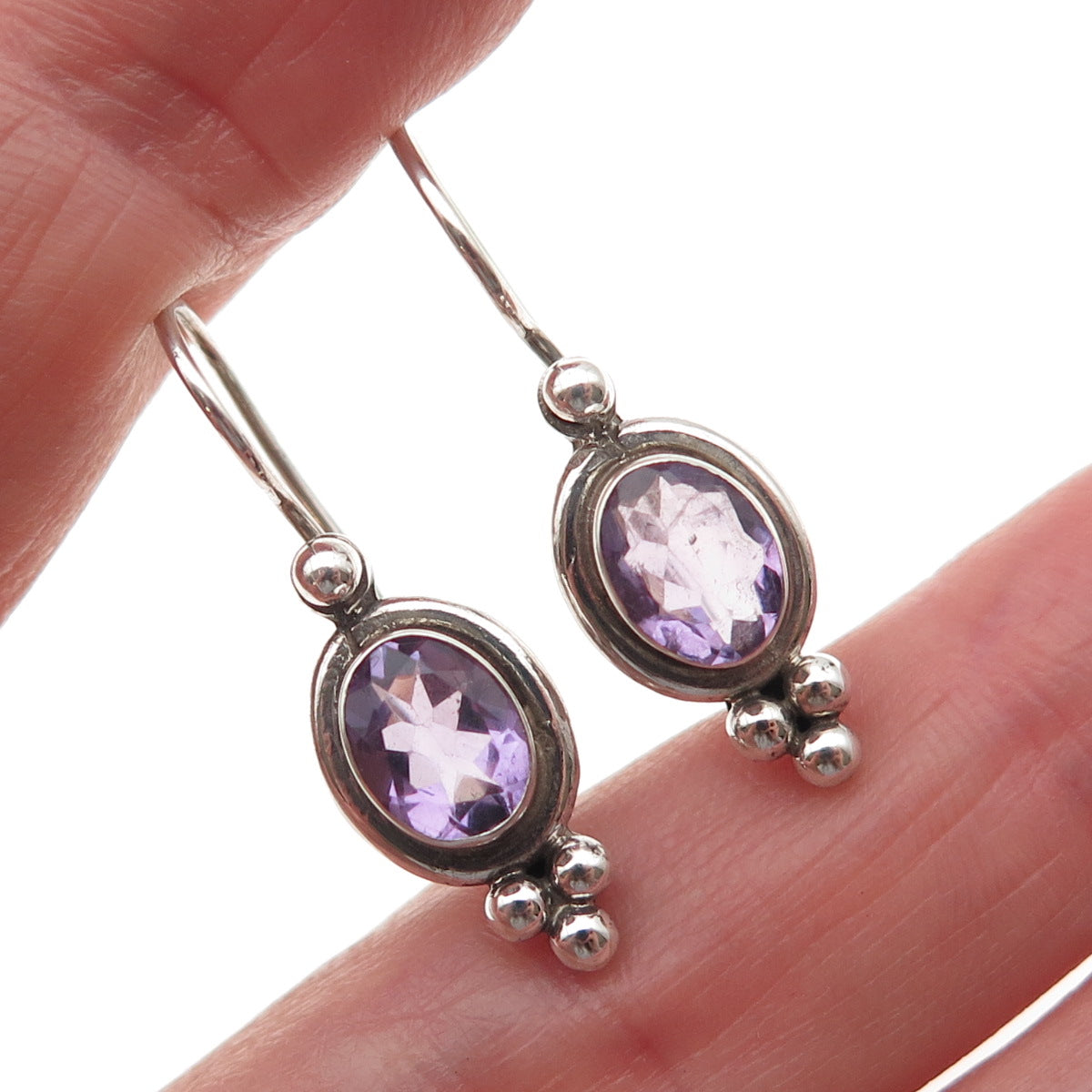 925 Sterling Silver Vintage Real Oval-Cut Amethyst Beaded Earrings