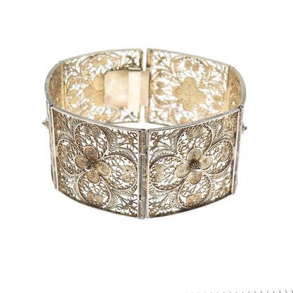 800 Silver Gold Plated Antique Italy Flower Filigree Panel Link Bracelet 7.25"
