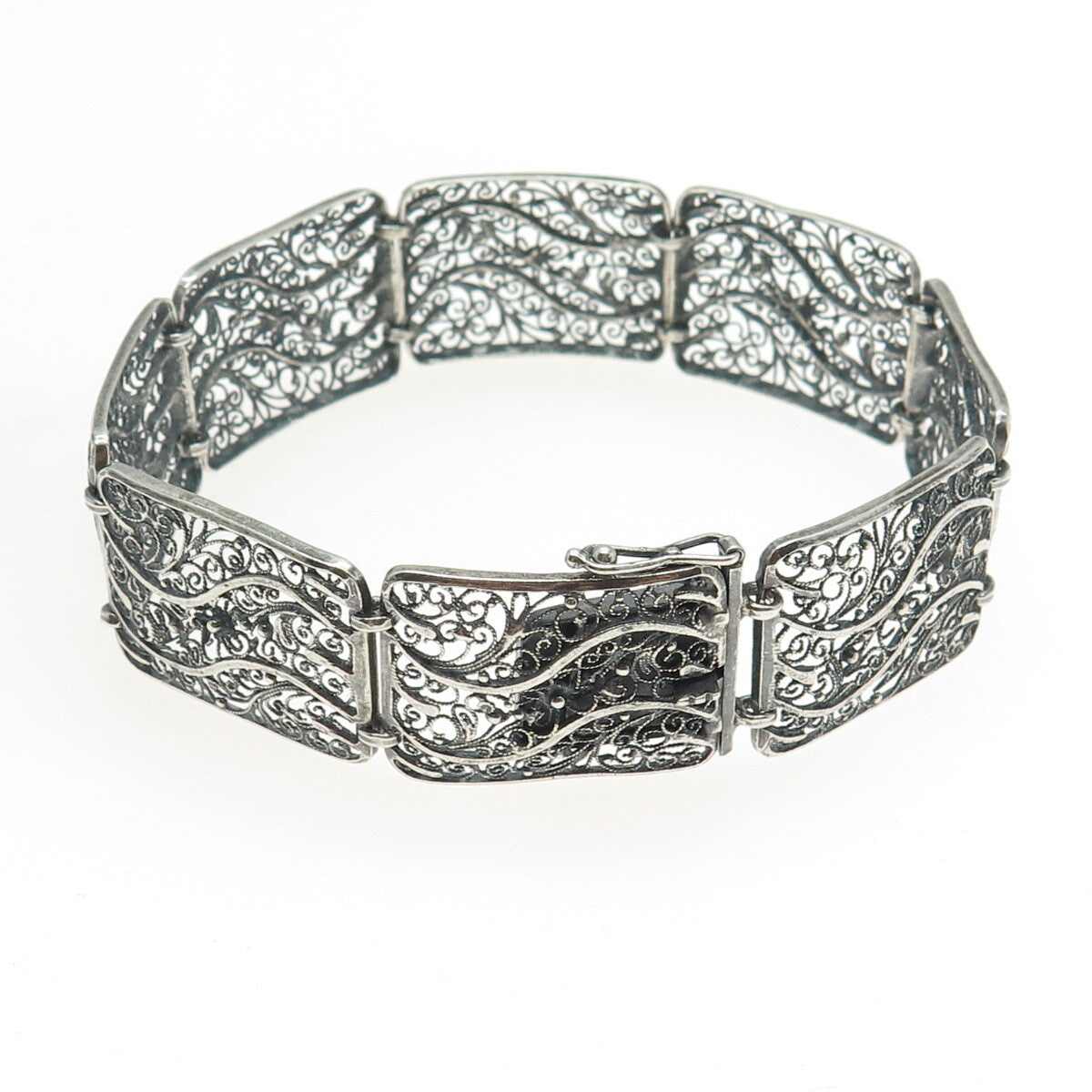 GUSTAV HAUBER 835 Silver Vintage Germany Filigree Panel Oxidized Bracelet 7.75"
