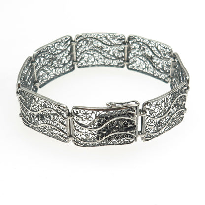 GUSTAV HAUBER 835 Silver Vintage Germany Filigree Panel Oxidized Bracelet 7.75"