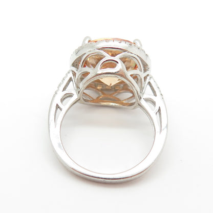 925 Sterling Silver White & Peach Round-Cut Shaped C Z Ring Size 6
