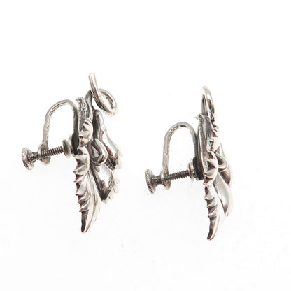 925 Sterling Silver Antique Art Deco Floral Oxidized Screw Back Earrings