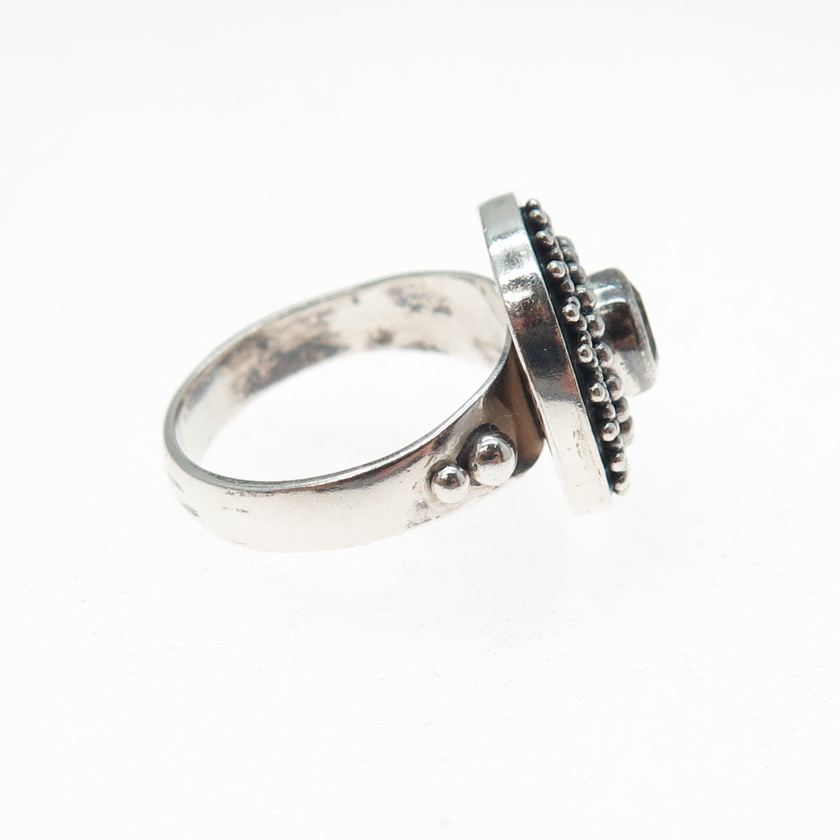 BC Silver Ned Bowman Sterling Vintage Mystic Quartz Beaded Oxidized Ring Size 8
