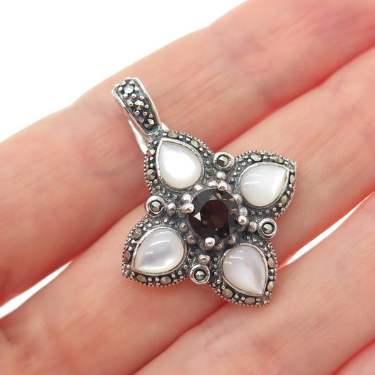 925 Sterling Silver Vintage Real MOP Smoky Quartz Marcasite Flower Charm Pendant