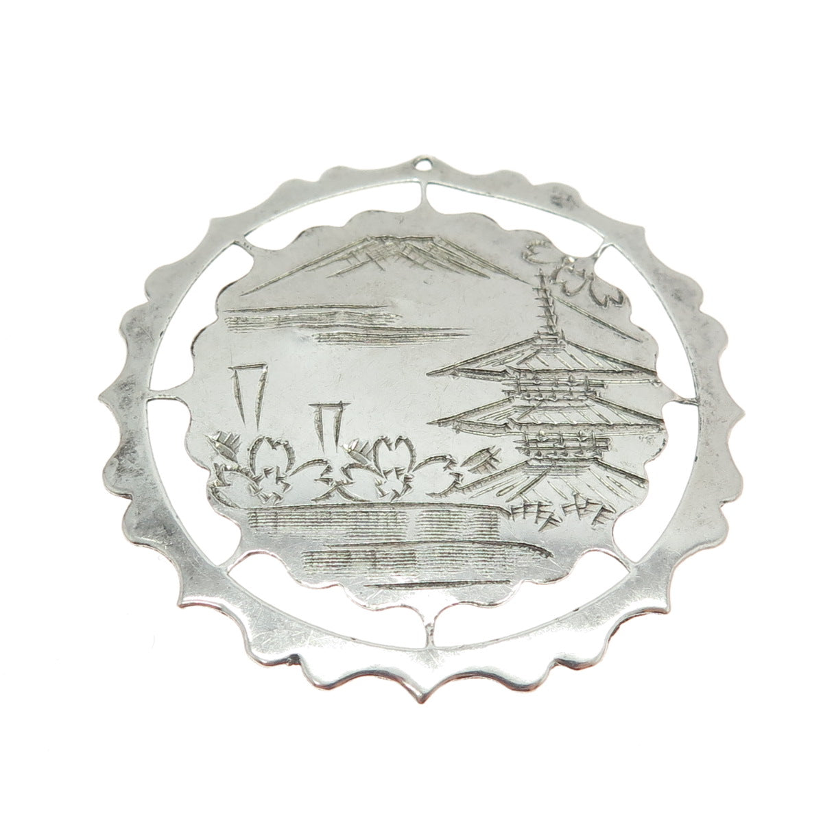 925 Sterling Silver Antique Art Deco Japan Engraved Japanese Village Pendant