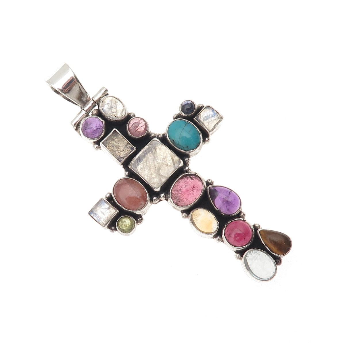 Sajen Sterling Silver Vintage Real Tourmaline Moonstone Turquoise Cross Pendant