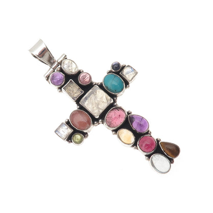 Sajen Sterling Silver Vintage Real Tourmaline Moonstone Turquoise Cross Pendant