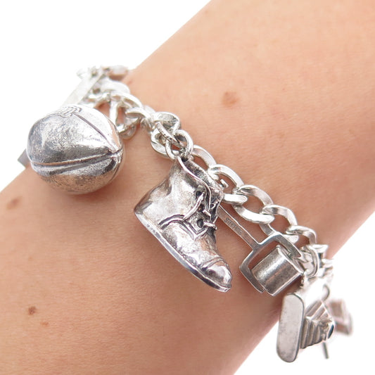 925 Sterling Silver Vintage Multi-Charms Oxidized Bracelet 7.25"