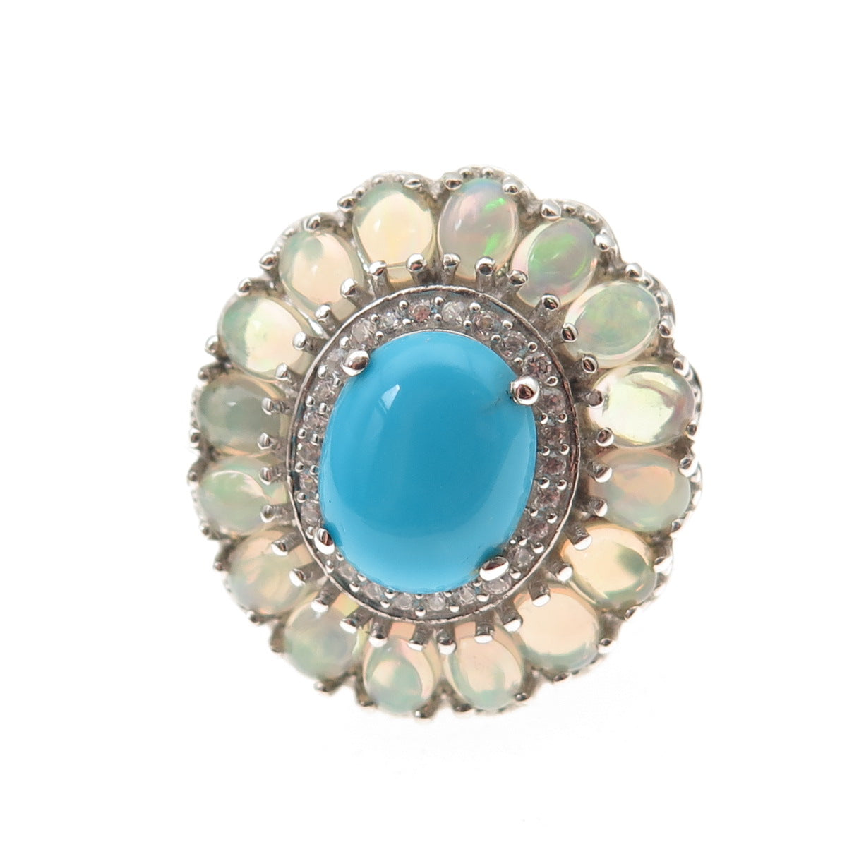 D'Joy 925 Sterling Silver Real Turquoise Opal & White Topaz Ring Size 8