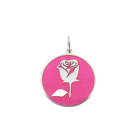 925 Sterling Silver Pink Enamel Rose Flower Round Tag Minimalist Charm Pendant